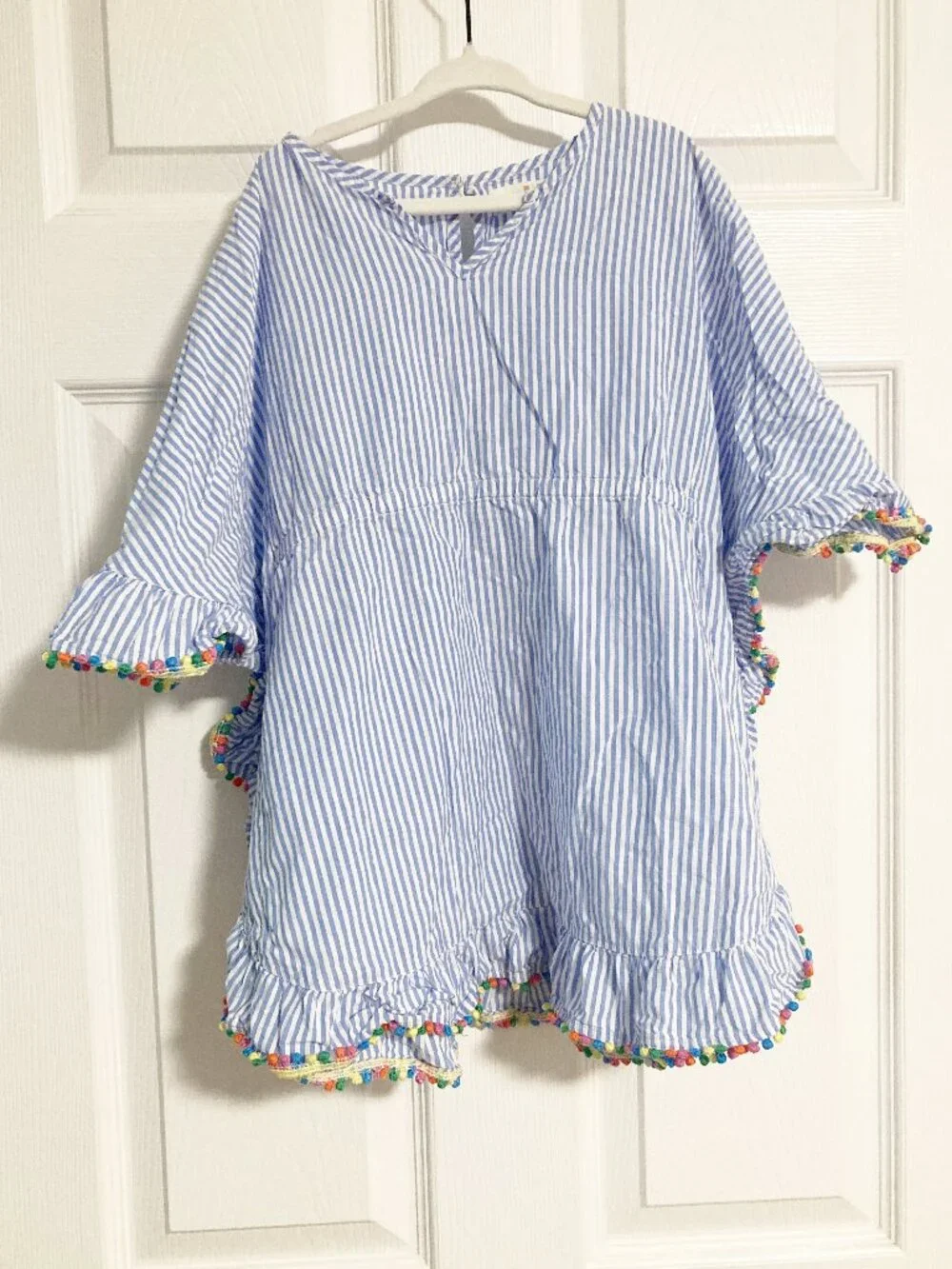 Mini Boden Pom Trim Poncho Kaftan Size 5-6 100% Cotton